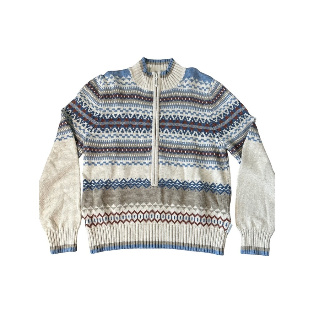 Woolrich Womens Fair Isle Quarter Zip Sweater Blue Cream Ramie Cotton Size M